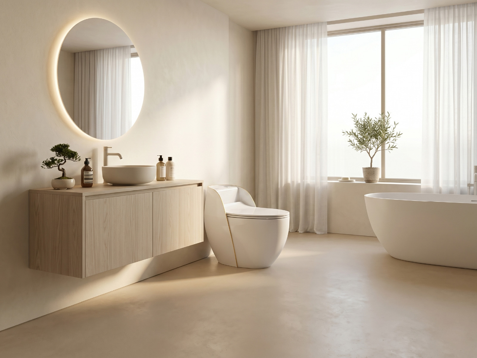 Koleksi perlengkapan kamar mandi modern yang higienis untuk konsep hunian sehat.